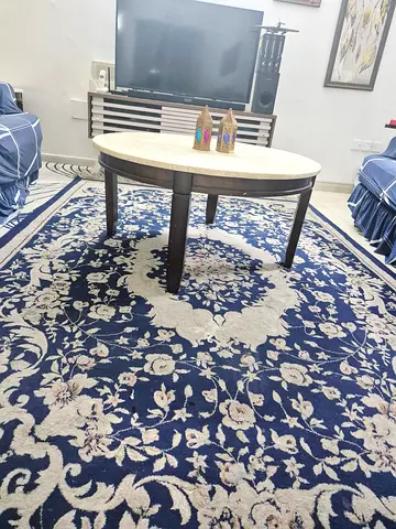 2 Round marble-top coffee tables with dark wooden legs - good condition