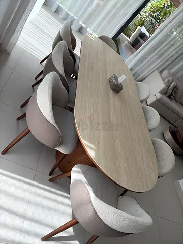 Solid Wood Oval Dining Table with 8 Upholstered Chairs - Light Beige