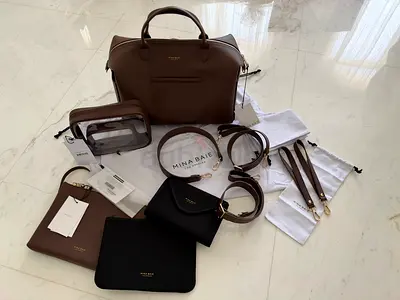 MINA BAIE Emmy Vegan Full Diaper Bag + Accessories (Full Set) - Coco/Gold | Brand New