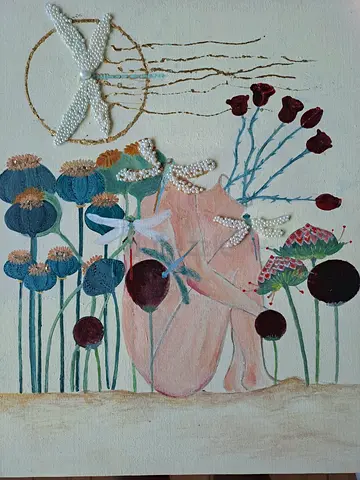 Original Mixed-Media Floral Painting with Pearled Dragonflies