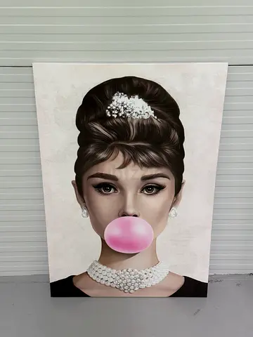 Large Audrey Hepburn-Style Pop Art Canvas Painting - Bubblegum Portrait