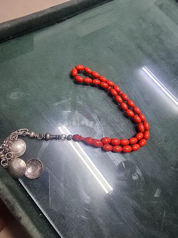 Vintage red coral prayer beads with silver tassel