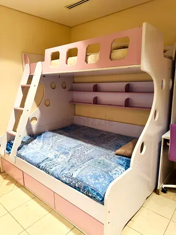 White and pink wooden bunk bed with storage and shelves - good condition