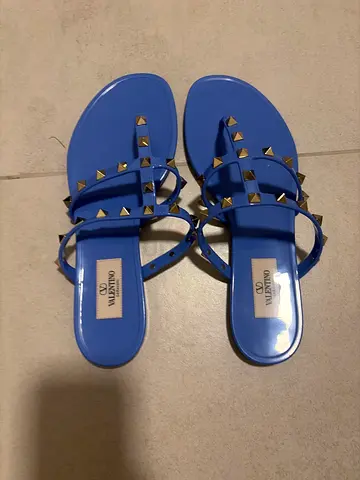 Blue Valentino-style studded flat sandals, size 38