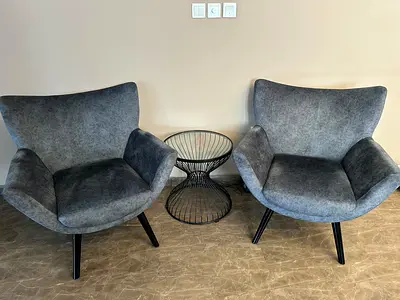 Pair of Grey Modern Armchairs with Side Table
