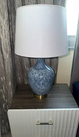 Blue ceramic table lamp with white shade - good condition