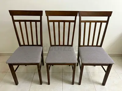 Set of 3 Wooden Dining Chairs with Gray Cushions