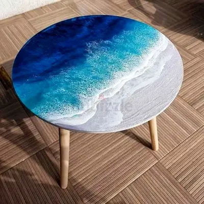 Round Wooden Side Table with Ocean Resin Top