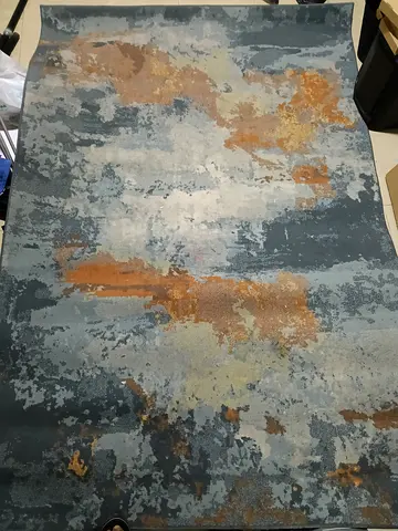 Modern abstract area rug - blue with rust accents, good condition