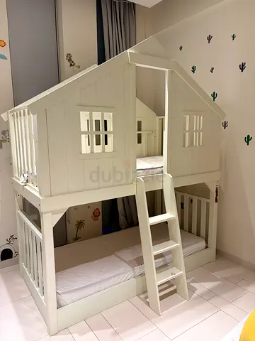 Wooden kids house-style bunk bed - white, sturdy play bed