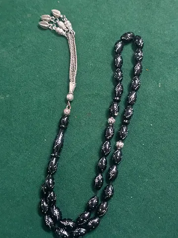 Handmade Black Ottoman-Style Tasbih / Prayer Beads with Silver Tassel مسبحة يسر مطعمة بالفضة