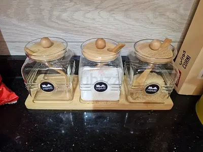 Set of 3 Glass Spice/Jar Containers with Wooden Lids and Tray