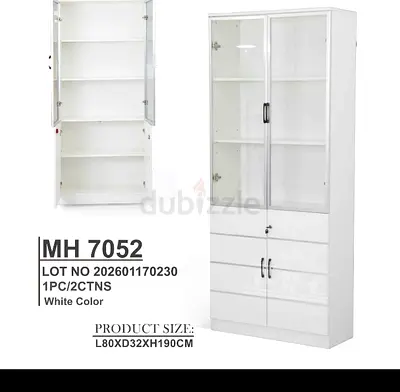 Tall White Display Cabinet with Glass Doors and Drawers - 180x32x190cm
