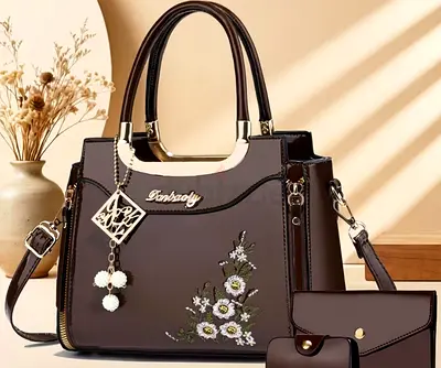 Dark Brown Floral Quilted Handbag with Matching Wallet and Strap