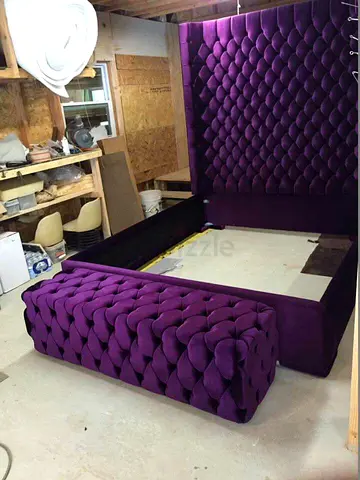 Purple Velvet King Size Bed with Tufted Headboard and Bench