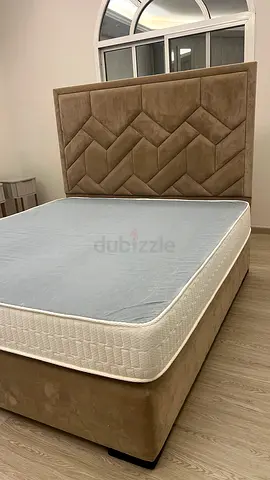 Queen upholstered bed frame with mattress - beige suede, good condition