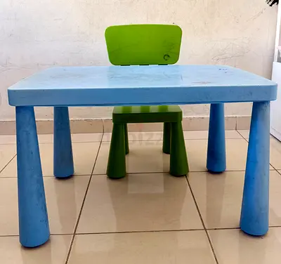 Kids plastic table and chair set (blue table, green chair) - used