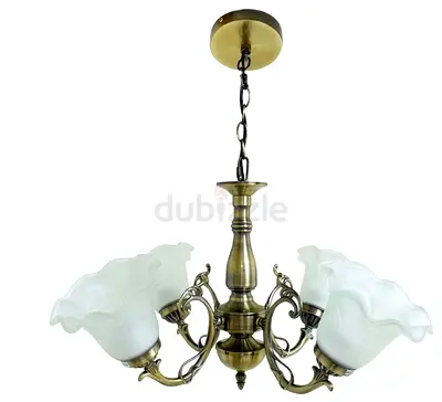 Antique Brass 4 -Arm Ceiling Chandelier with Frosted Glass Shades