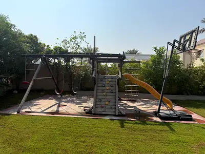 Large Outdoor Wooden Playset with Slide, Swing and Climbing Wall