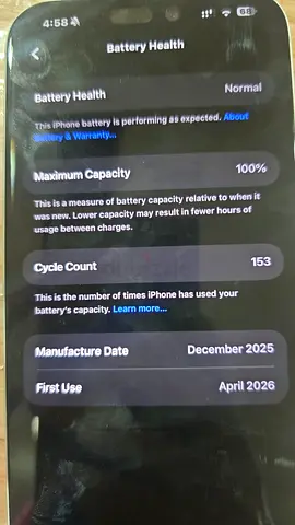 iPhone with 100% Battery Health, 153 Cycles (First used Apr 2026)