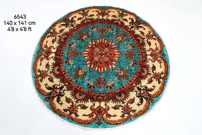 Round Handwoven Wool Rug 140 x 141 cm — Turquoise & Cream Floral, Afghan carpet