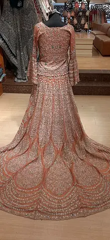 Embellished Peach Bridal Lehenga with Long Trail - Size Approx S