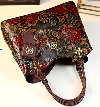 Floral Embossed Leather Handbag with Double Top Handles