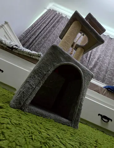 Grey multi-level cat tree with sisal scratching posts - good condition