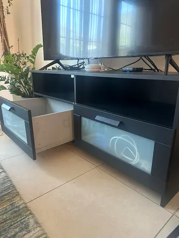Low TV Entertainment Unit with Frosted Glass Drawers - Dark Finish