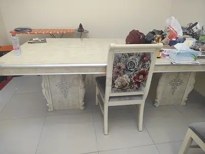 Big Wooden Dining Table with 12 designer Matching Chairs - Cream Floral Design