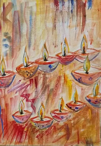 Hand-painted Diwali Oil Lamps Canvas Painting (Original Artwork)
