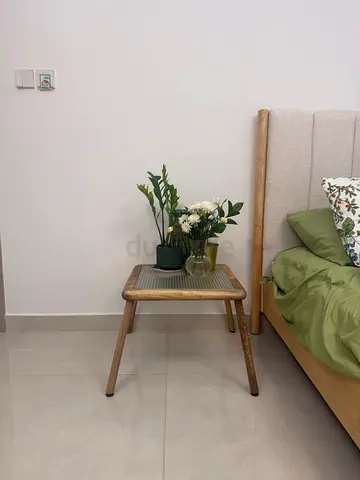 Wooden Bedside Table / Nightstand with Rattan Shelf