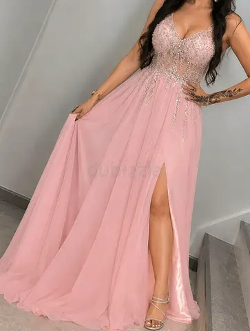 Pink embellished evening gown with thigh slit from Fashion Nova - Large Size