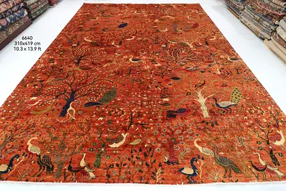 310 x 419 cm | Birds Orange Design Hand Knotted Wool Afghan Carpet