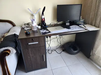Used dark wood office computer desk with storage cabinet