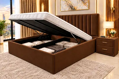 New Queen bed Ottoman Storage Bed with Upholstered Headboard - Brown