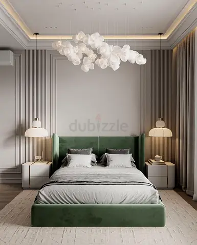 Green velvet upholstered king bed with headboard — modern frame