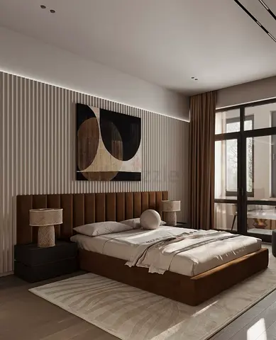 Modern low-profile platform bed with upholstered headboard - Brown, queen size