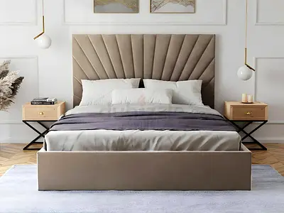 New Modern upholstered Queen size bed with tall tufted headboard - beige