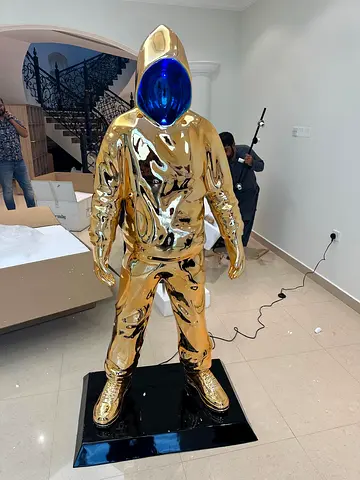 ART Large Gold Astronaut Sculpture with Blue Visor - Floor Stand