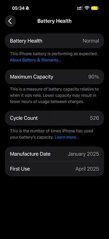 iPhone with 90% Battery Health (Cycle Count 526) - Good Condition