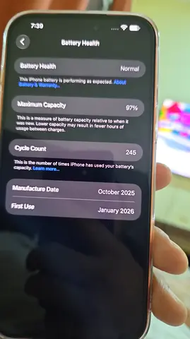 iPhone (like new) with 97% Battery Health — First used Jan 2026