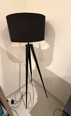 Black Tripod Floor Lamp with Drum Shade - Good Condition