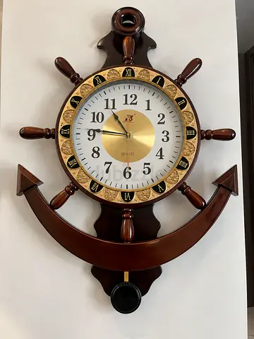 Huge Wooden Ship Wheel Wall Clock with Pendulum - Decorative Nautical Clock