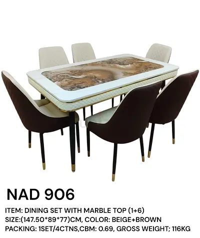 Dining set with marble top (1+6) — Beige & Brown