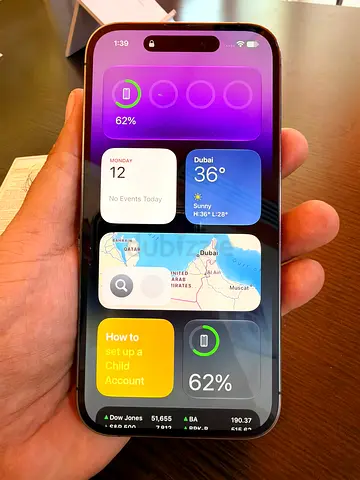 iPhone 14 Pro, Purple, Dual SIM, in excellent condition. Battery health is 76%