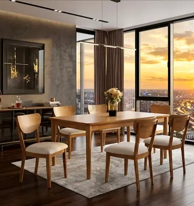 Solid Wood 6-Seater Dining Table with Chairs - Modern Light Oak Finish