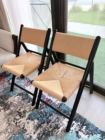 Set of 2 Woven Seat Folding Dining Chairs - Black Frame