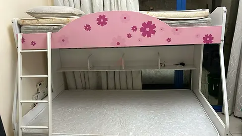 White and Pink Flower Bunk Bed with Lower Double Bed and Ladder - Good Condition