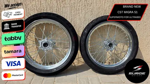 SURRON BRAND NEW 17 INCH ULTRABEE FULL CHROME SUPERMOTO SET (CST MIGRA S1 TYRES, 140 WIDE REAR)